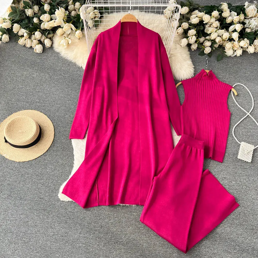 Fashionkova 3 Piece Set Tracksuit Comfy Outfit Loungewear Autumn Long Cardigan Coat   Turtleneck Vest   Pants Knitted Suits Outfits