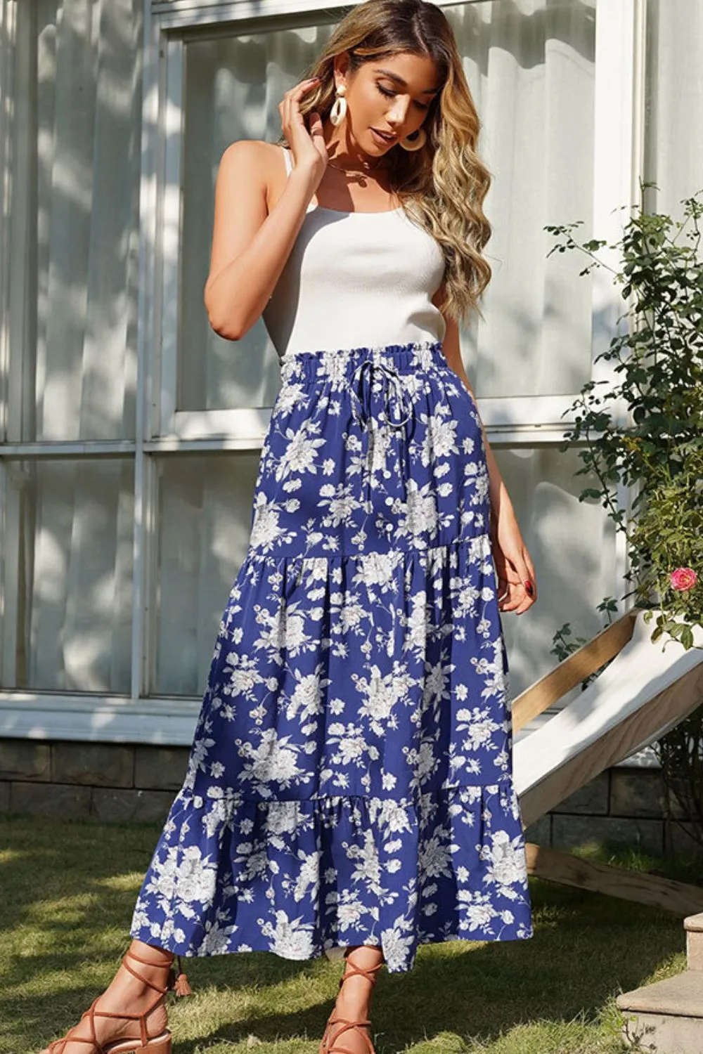 Floral Front Slit Elastic Waist Skirt