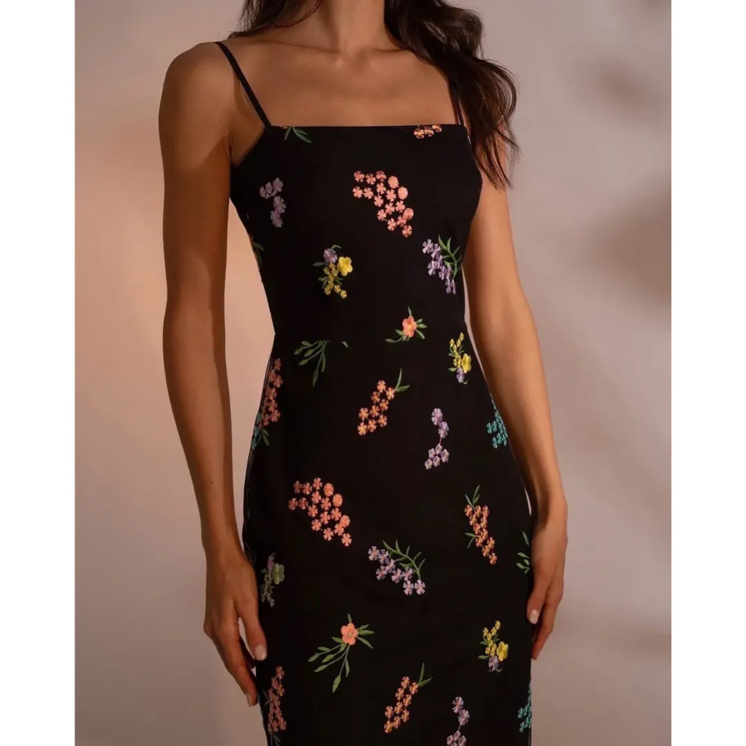 Floral Print Dress - Elegant Embroidery, Chiffon Fabric, Empire Waist