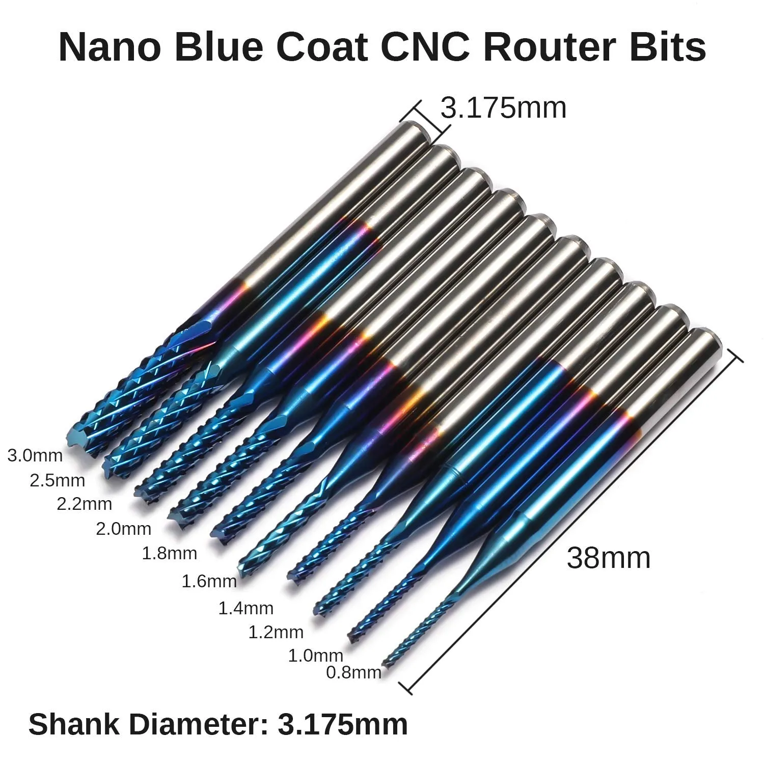 Genmitsu 40pcs End Mills CNC Router Bits, 1/8" Shank CNC Cutter Milling Carving Bit Set Including 2-Flute Flat Nose & Ball Nose, Nano Blue Coat & Titanium Coat, MC40A