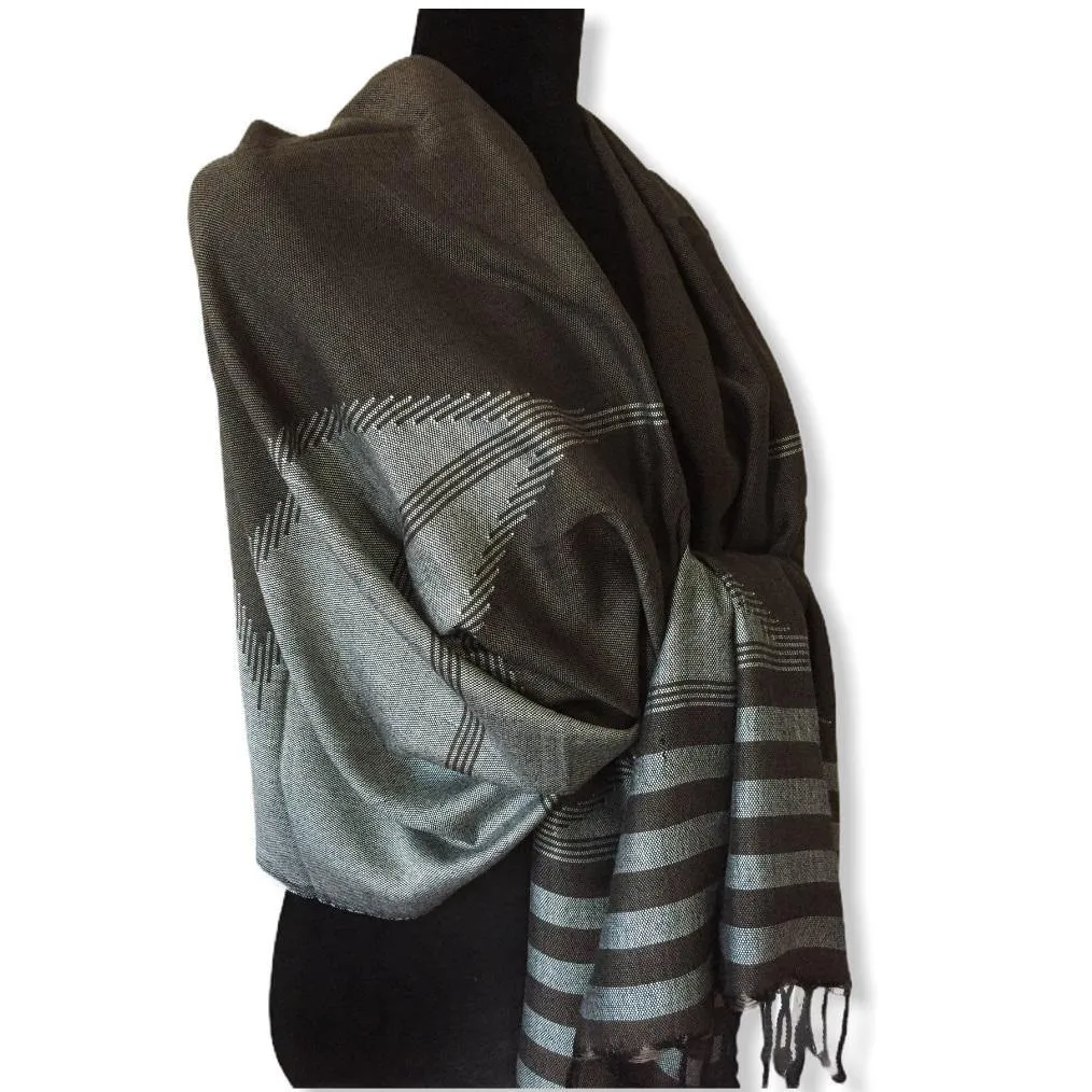 Geometric Handwoven Shawl - Cappuccino & Silver