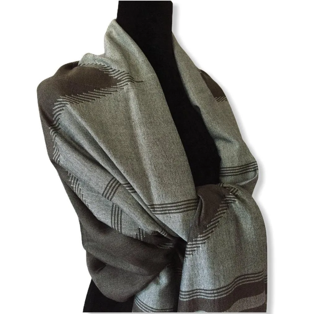 Geometric Handwoven Shawl - Cappuccino & Silver