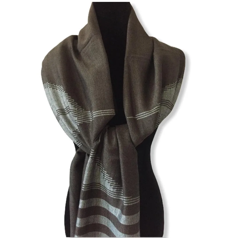 Geometric Handwoven Shawl - Cappuccino & Silver