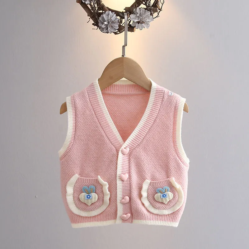 Girls sweater vest spring new baby knitted vest foreign twist college style baby top super cute