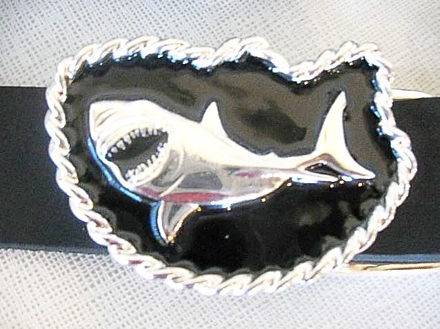 Great White Shark Silver/Black Belt Buckle and Belt by Sur Tan