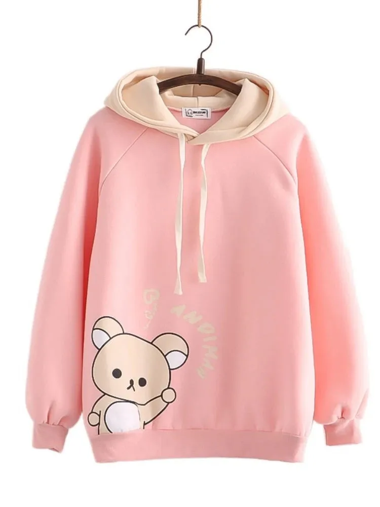 Harajuku Cartoon Bear Print Kawaii Hoodies Women Winter Long Sleeve Drawstring Fleece Hooded Sweatshirt Female Pullover Top