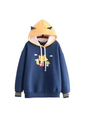 Harakuju Cartoon Fox Print Casual Pullover Hoodies Women Winter Long Sleeve Hooded Sweatshirt Girly Loose Female Fleece Top