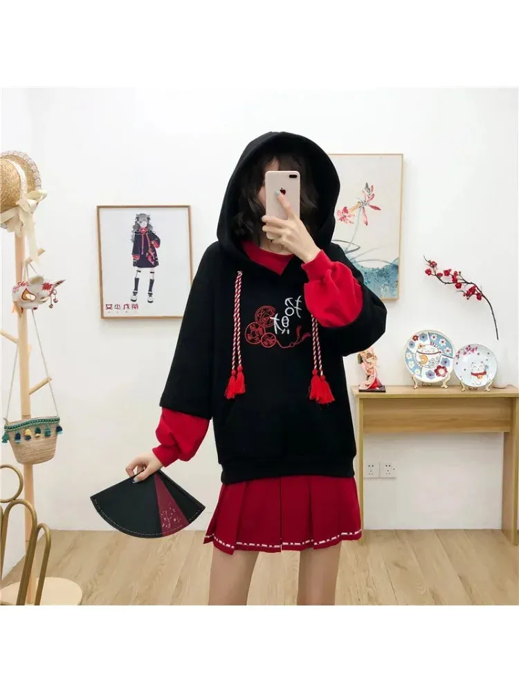 Harakuju Letter Embroidery Hoodies Winter Fleece Thick Long Sleeve Hooded Sweatshirts Sweet Style Pullover Tracksuits