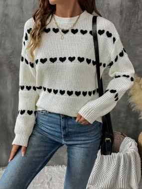 Heart Pattern Round Neck Long Sleeve Sweater