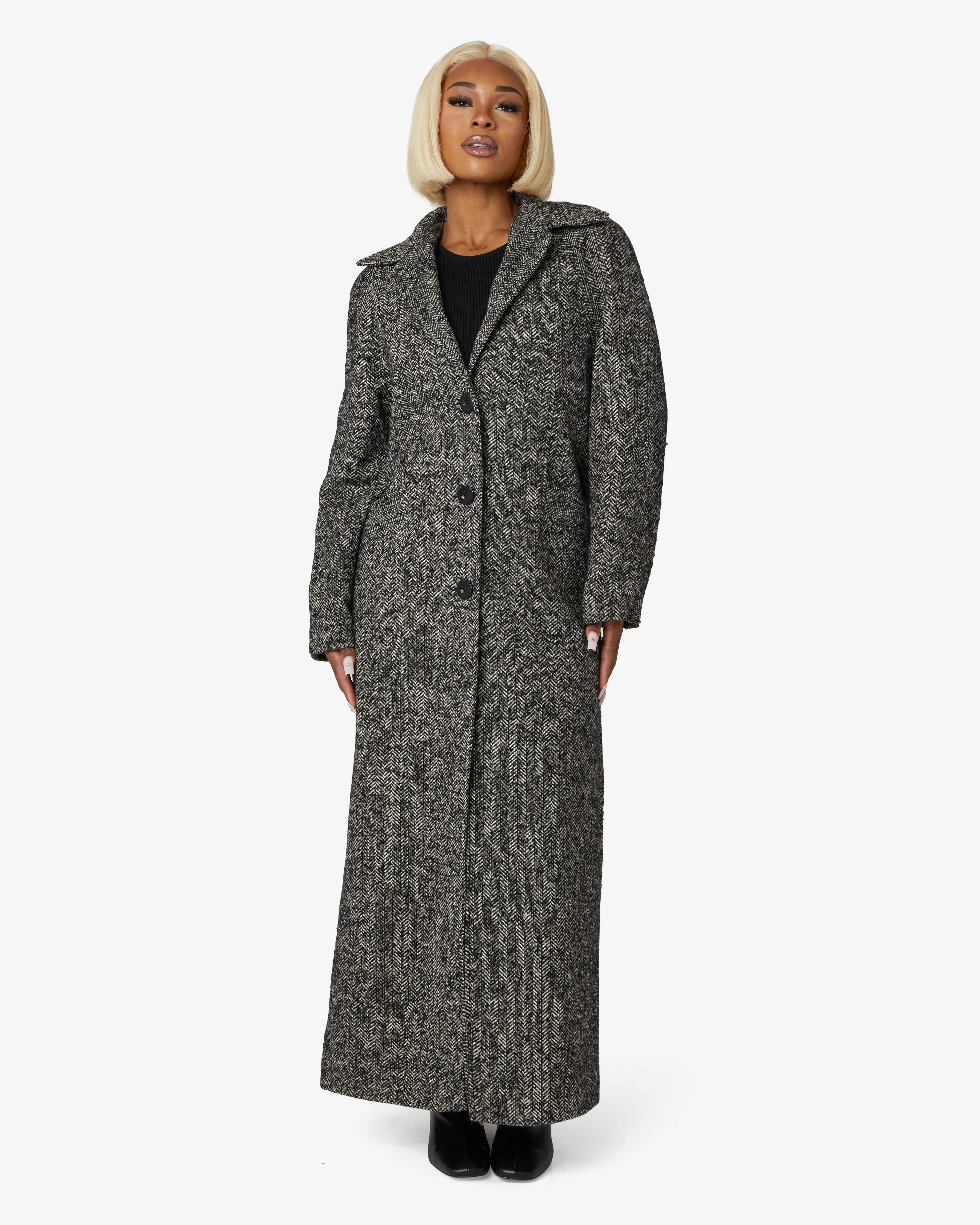 Herringbone Design Single Breasted Longline Coat (1204-HB)