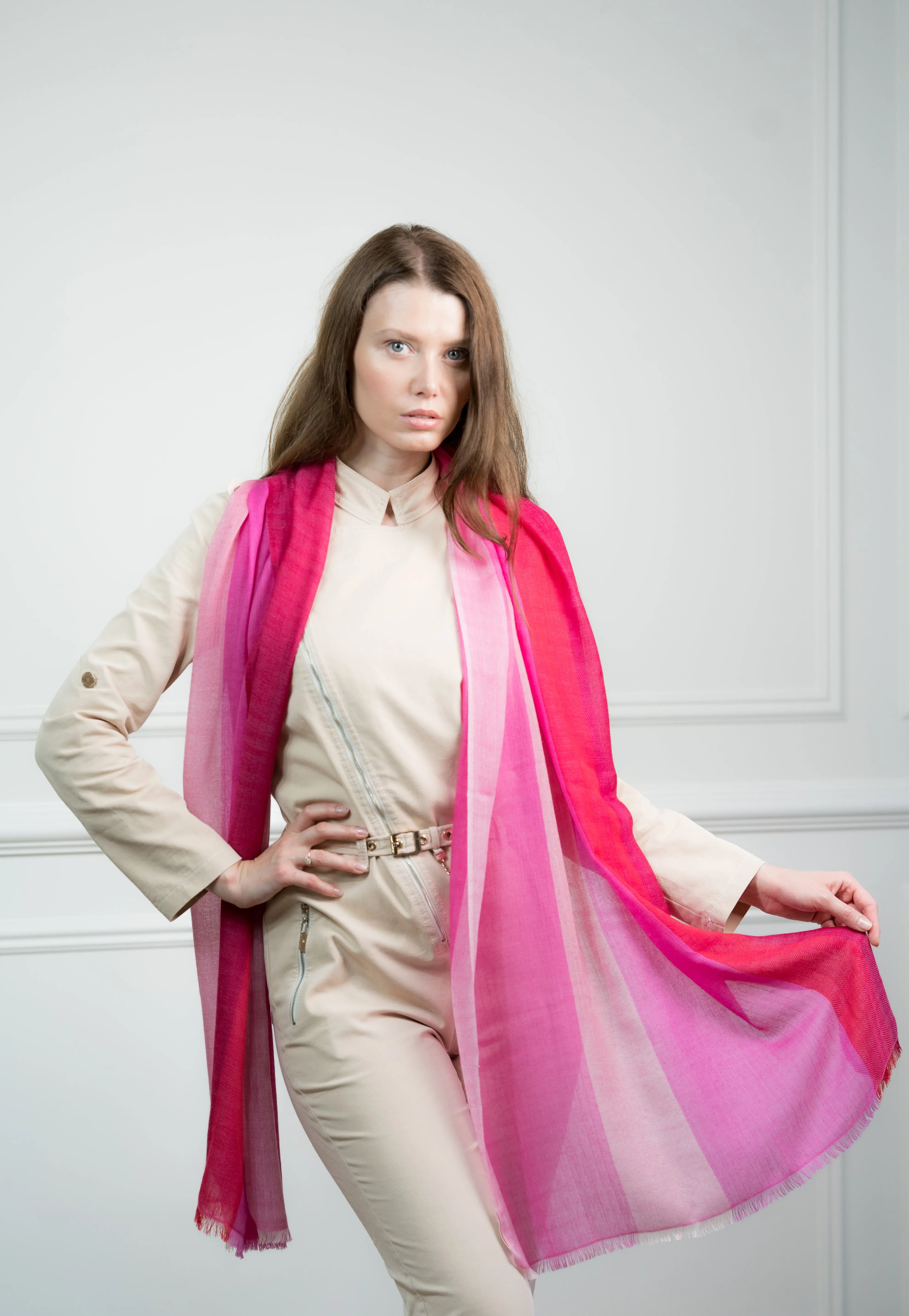 Herringbone Rosy 4 Color Block Cashmere Scarf