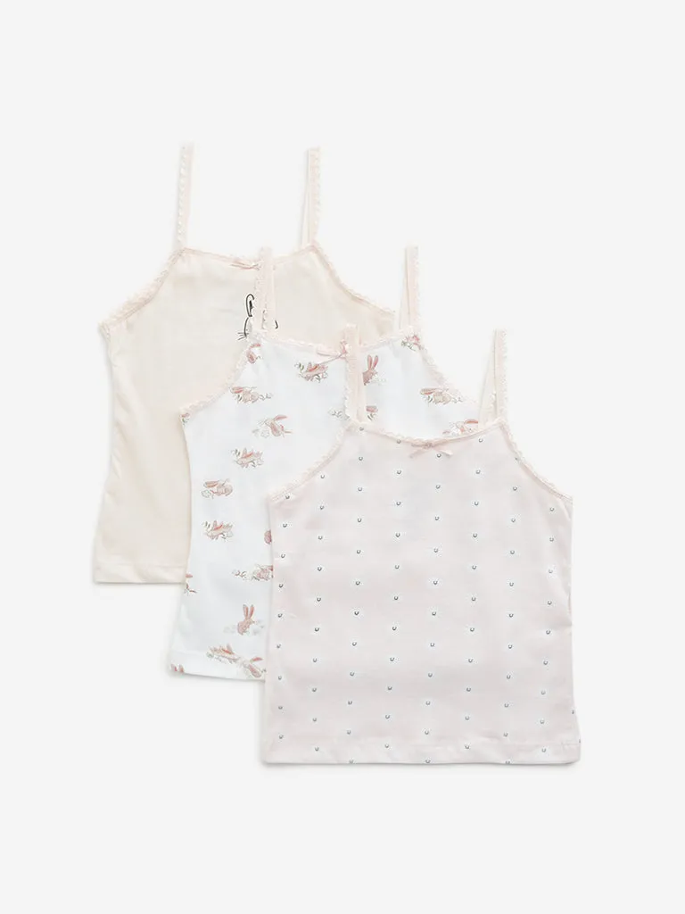 HOP Kids Light Pink Printed Cotton Camisoles - Pack of 3