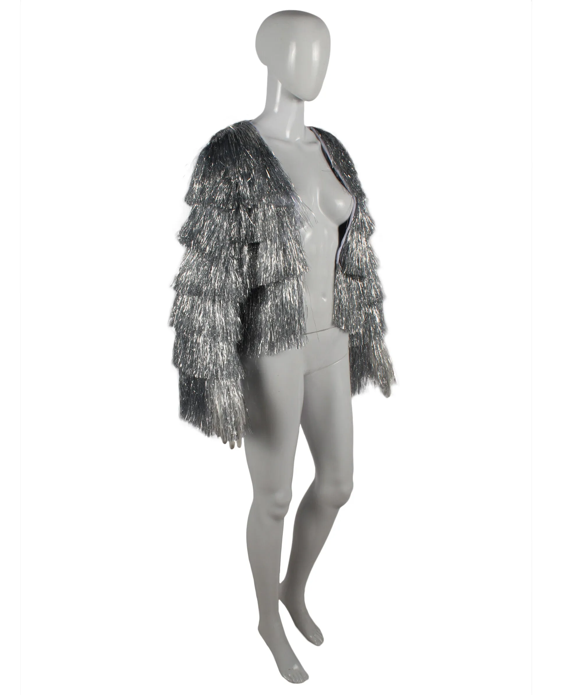 HPO Adult Women's Tinsel Sparkly Silver Jacket I Perfect for Halloween and Cosplay