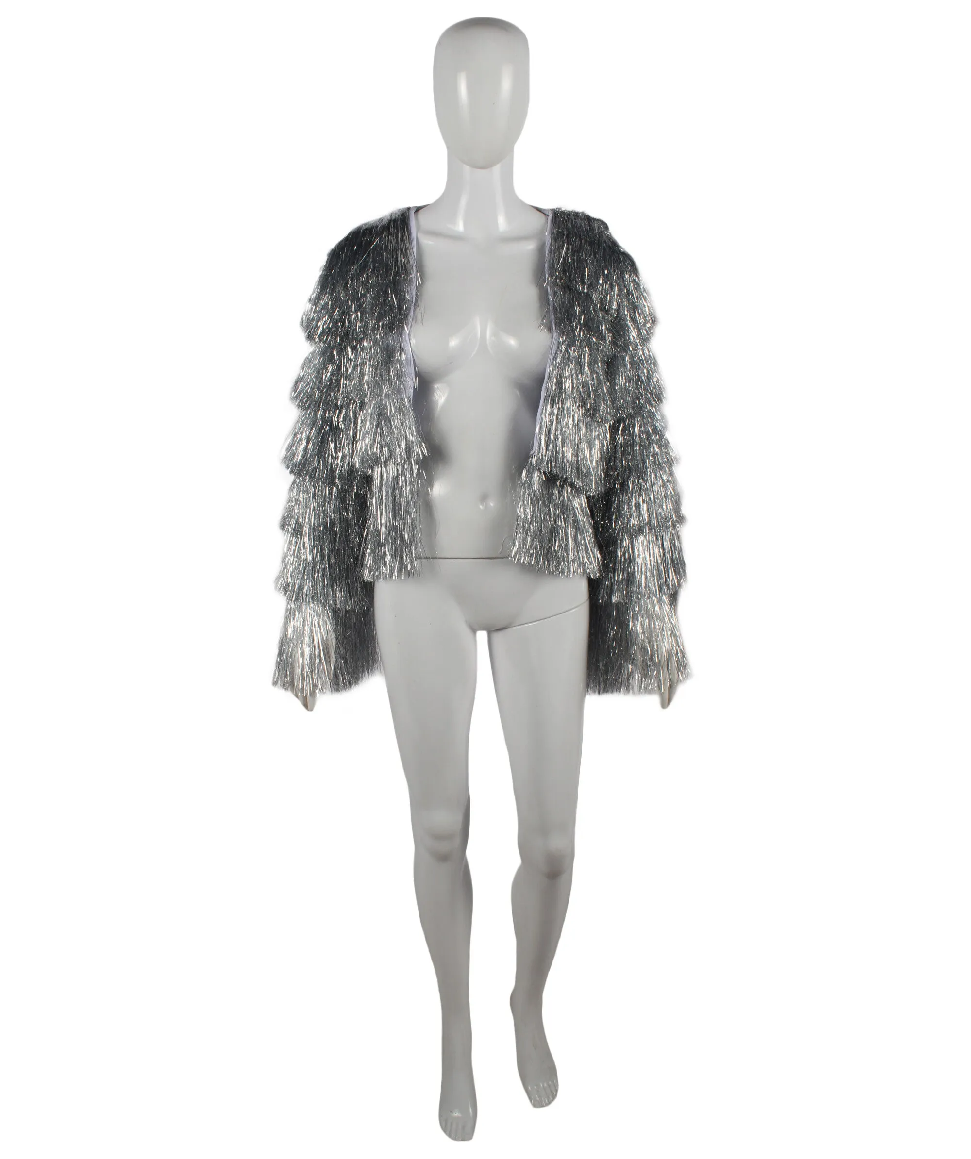 HPO Adult Women's Tinsel Sparkly Silver Jacket I Perfect for Halloween and Cosplay