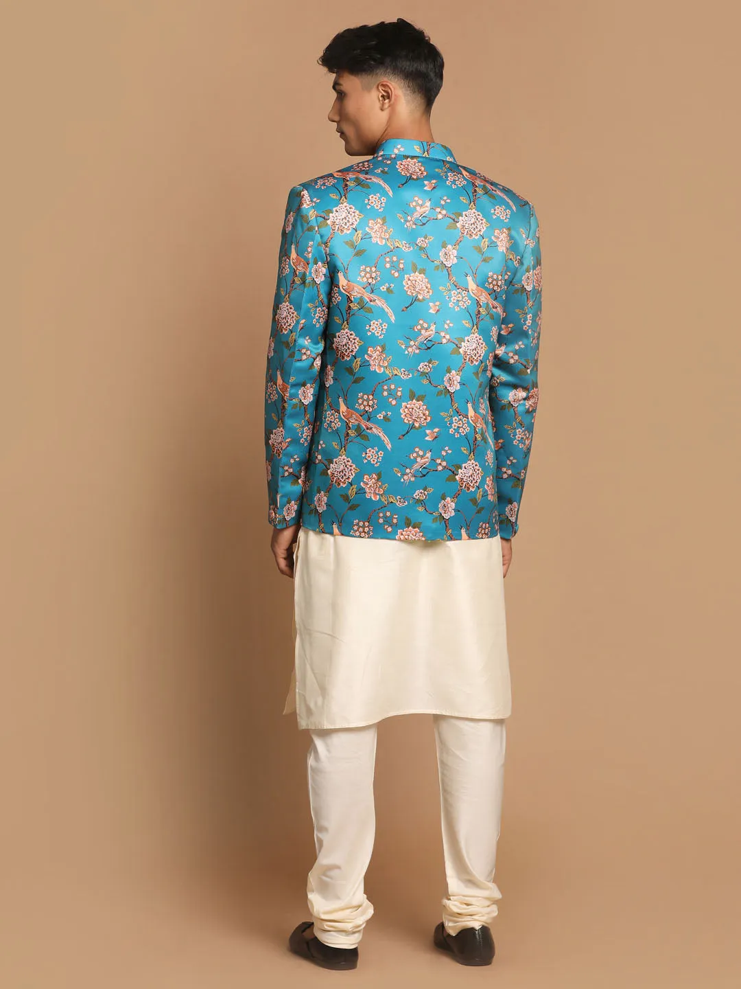 Jashvi Baap Beta Turquoise Floral Print Jodhpuri With Cream Solid Kurta And Pyjama Set.