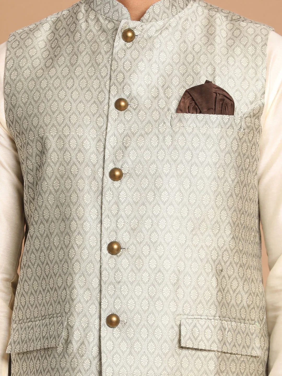 Jashvi Beige Woven Jacket With Cream Kurta and Pyjama Baap Beta Set