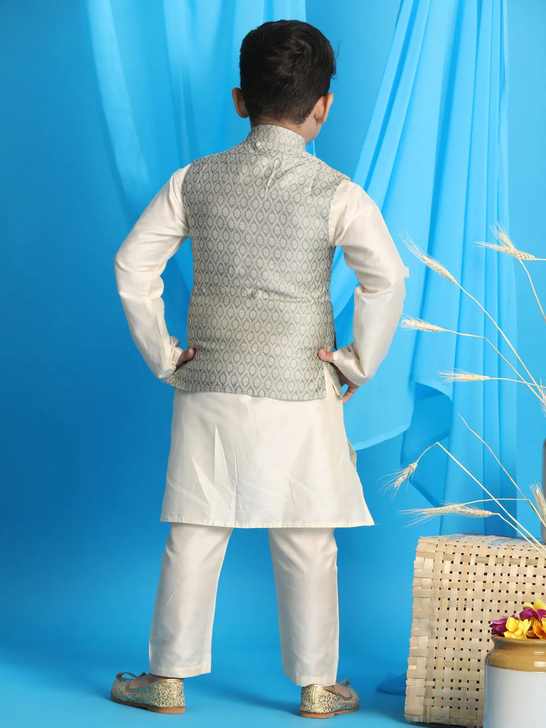 Jashvi Beige Woven Jacket With Cream Kurta and Pyjama Baap Beta Set