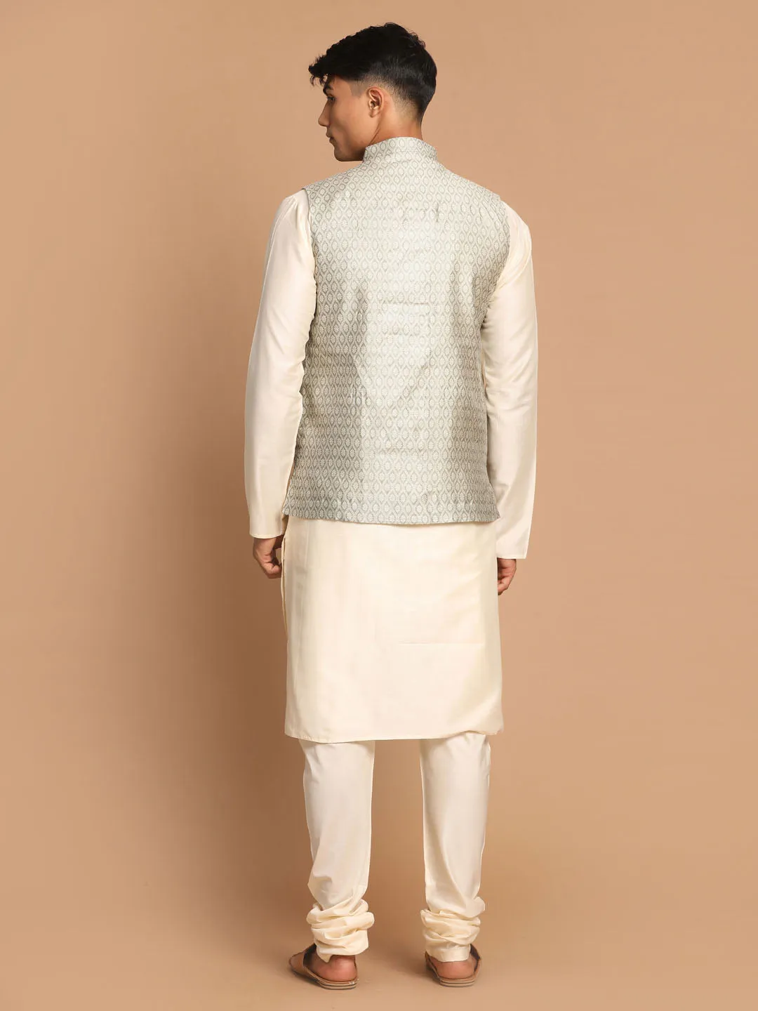 Jashvi Beige Woven Jacket With Cream Kurta and Pyjama Baap Beta Set