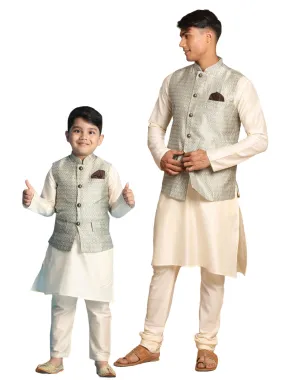 Jashvi Beige Woven Jacket With Cream Kurta and Pyjama Baap Beta Set