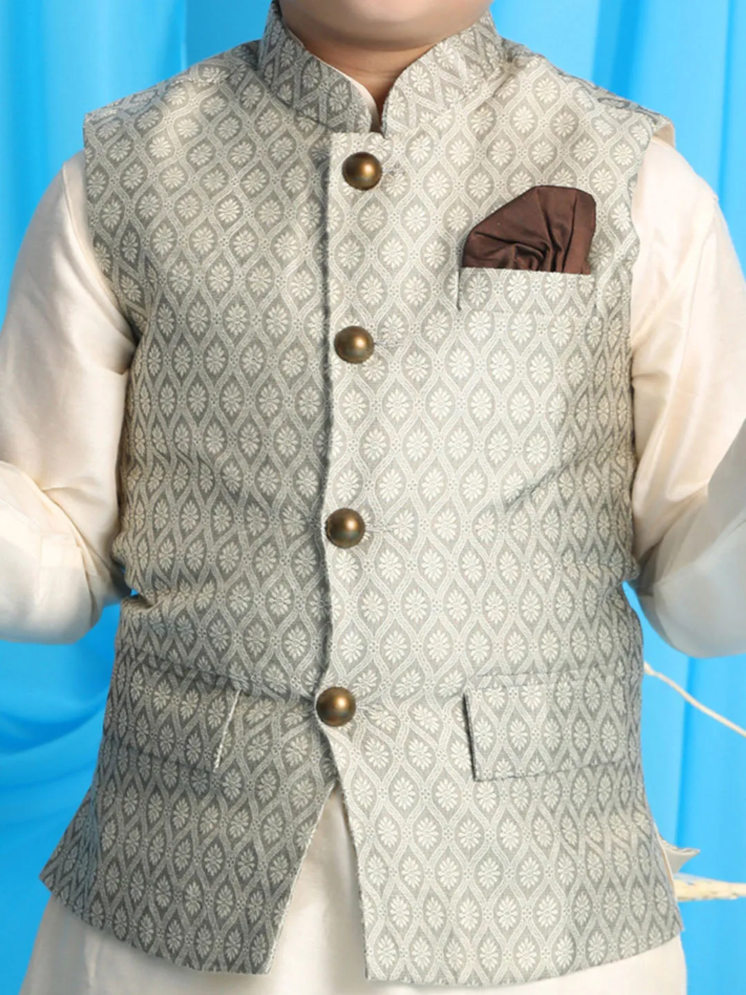 Jashvi Beige Woven Jacket With Cream Kurta and Pyjama Baap Beta Set