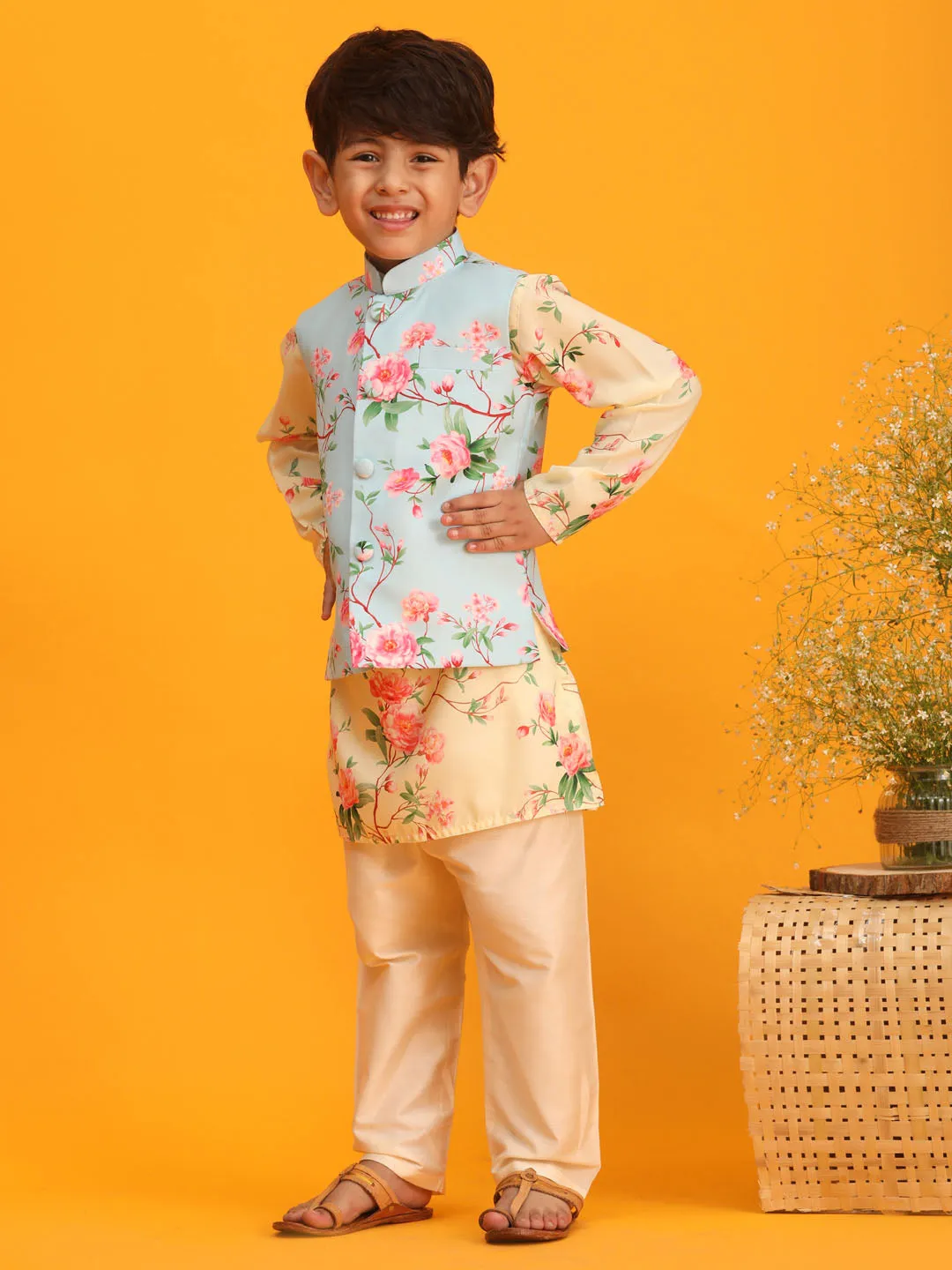 Jashvi Boy's Aqua Blue Jacket With Yellow Floral Printed Kurta with Cream Solid Pyjama Set