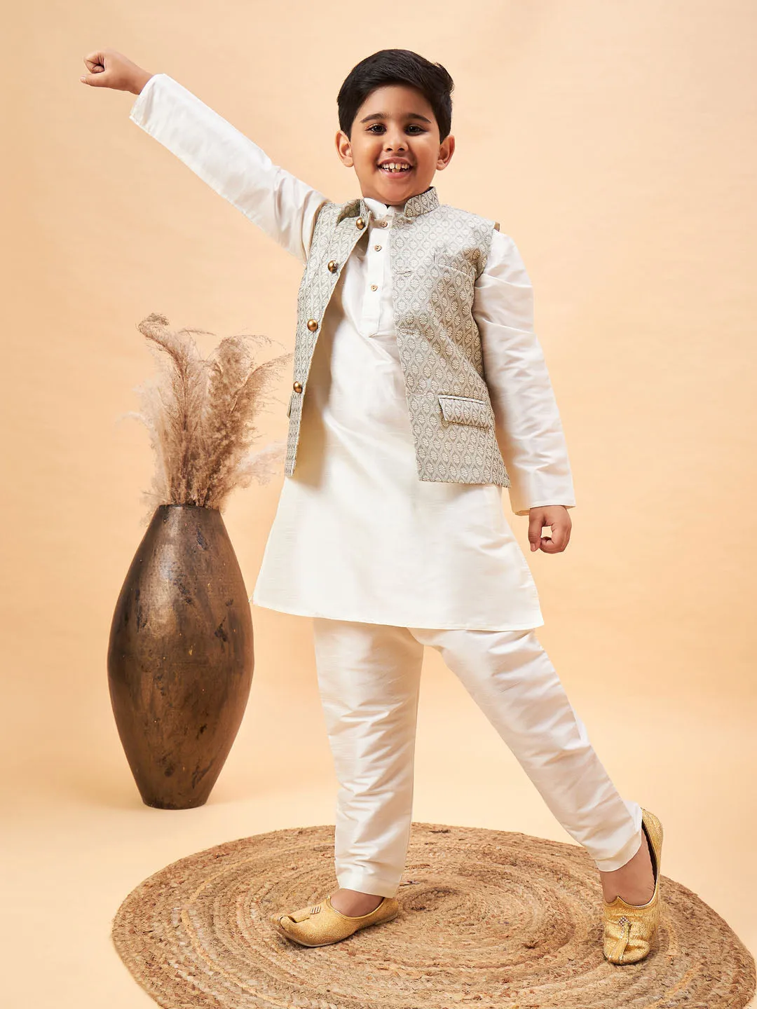 Jashvi Boy's Beige Woven Jacket With Cream Kurta and Pyjama Set