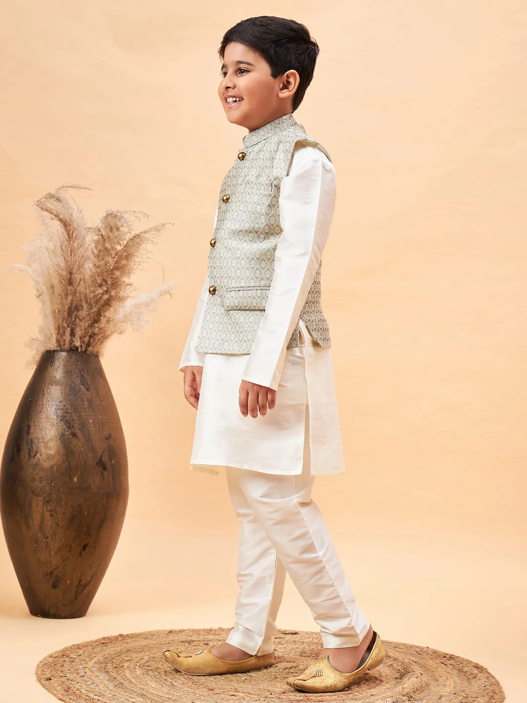 Jashvi Boy's Beige Woven Jacket With Cream Kurta and Pyjama Set