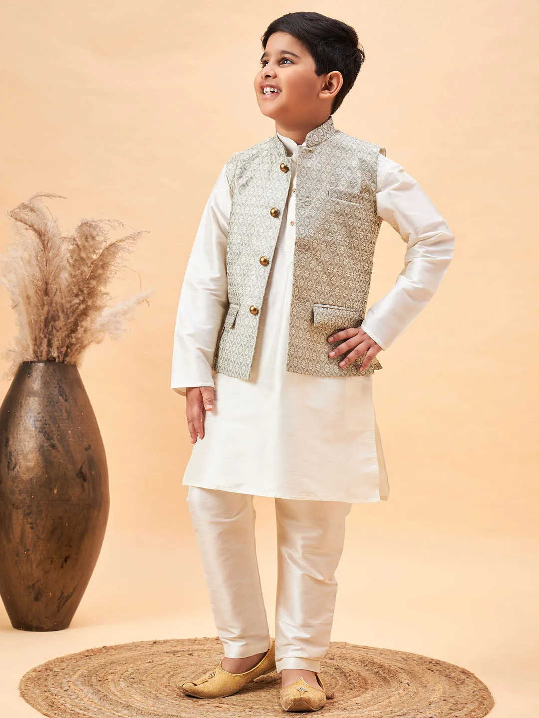 Jashvi Boy's Beige Woven Jacket With Cream Kurta and Pyjama Set