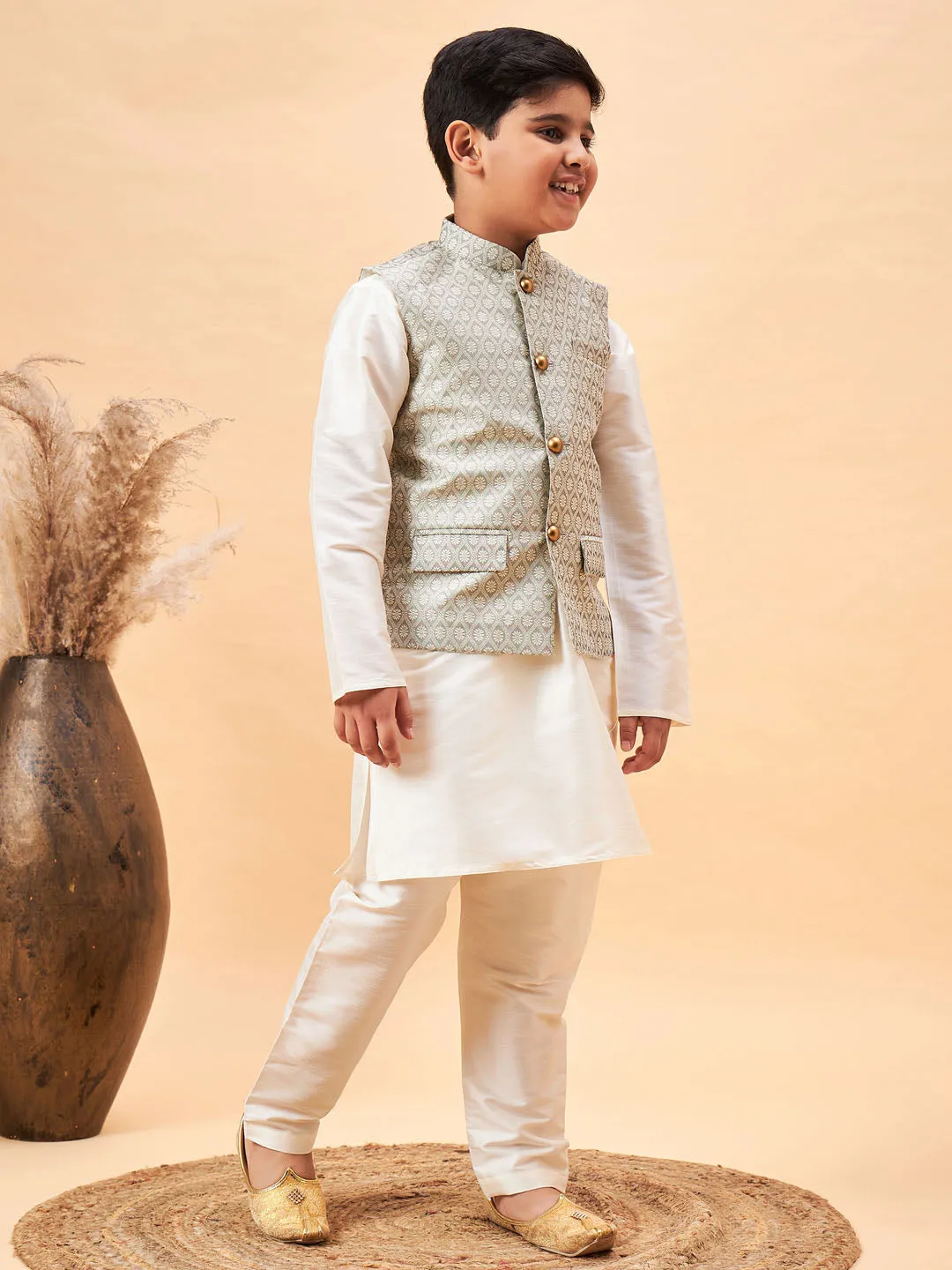 Jashvi Boy's Beige Woven Jacket With Cream Kurta and Pyjama Set