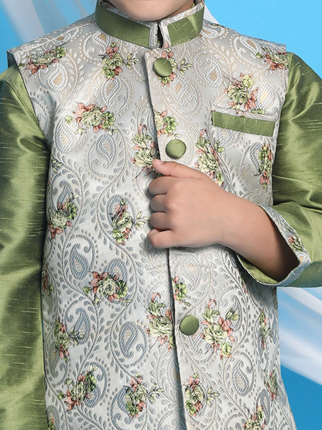 Jashvi Boy's Green Floral Jacquard Jacket With Silk Kurta and Pyjama Set