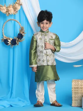 Jashvi Boy's Green Floral Jacquard Jacket With Silk Kurta and Pyjama Set