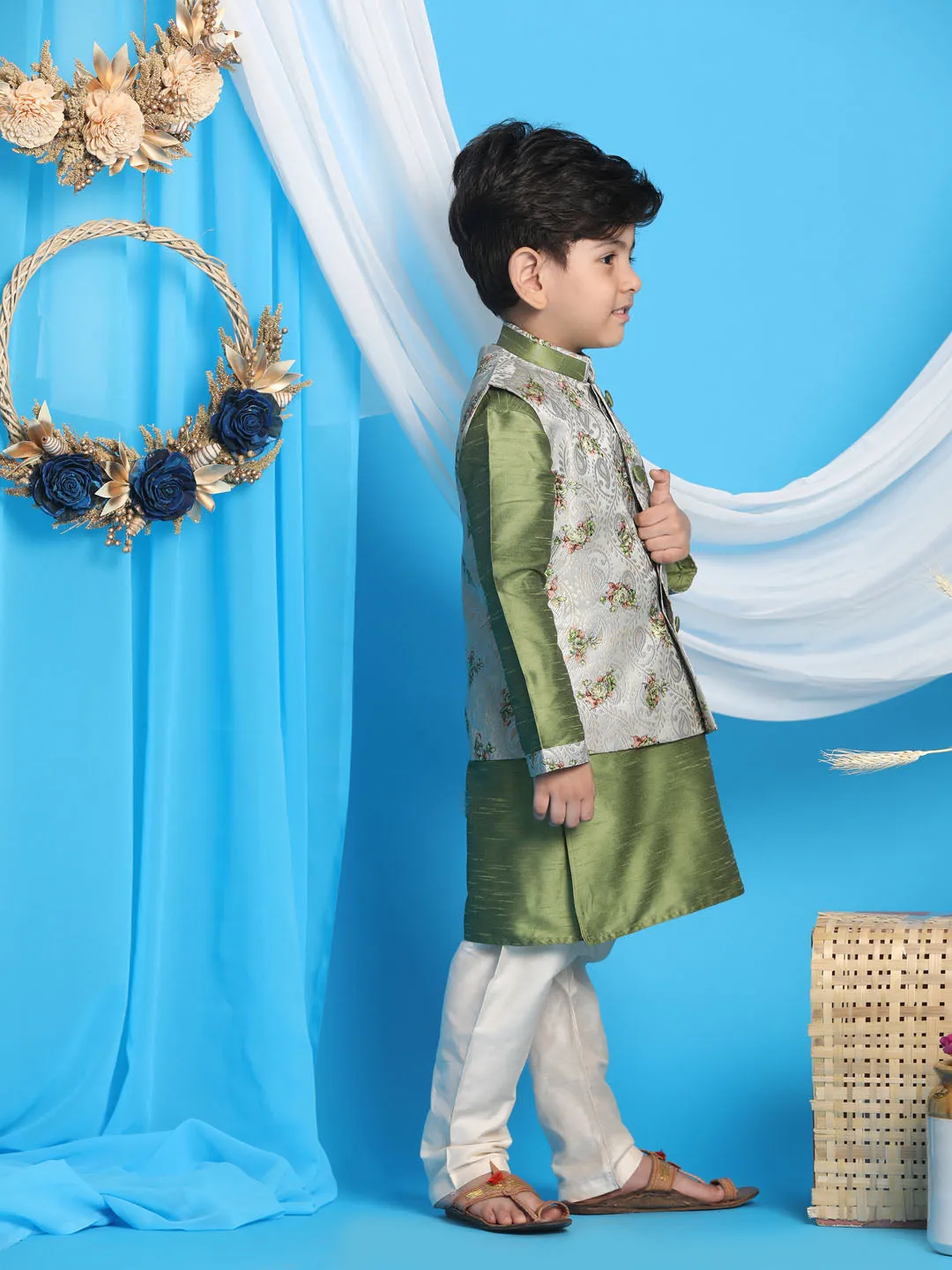 Jashvi Boy's Green Floral Jacquard Jacket With Silk Kurta and Pyjama Set