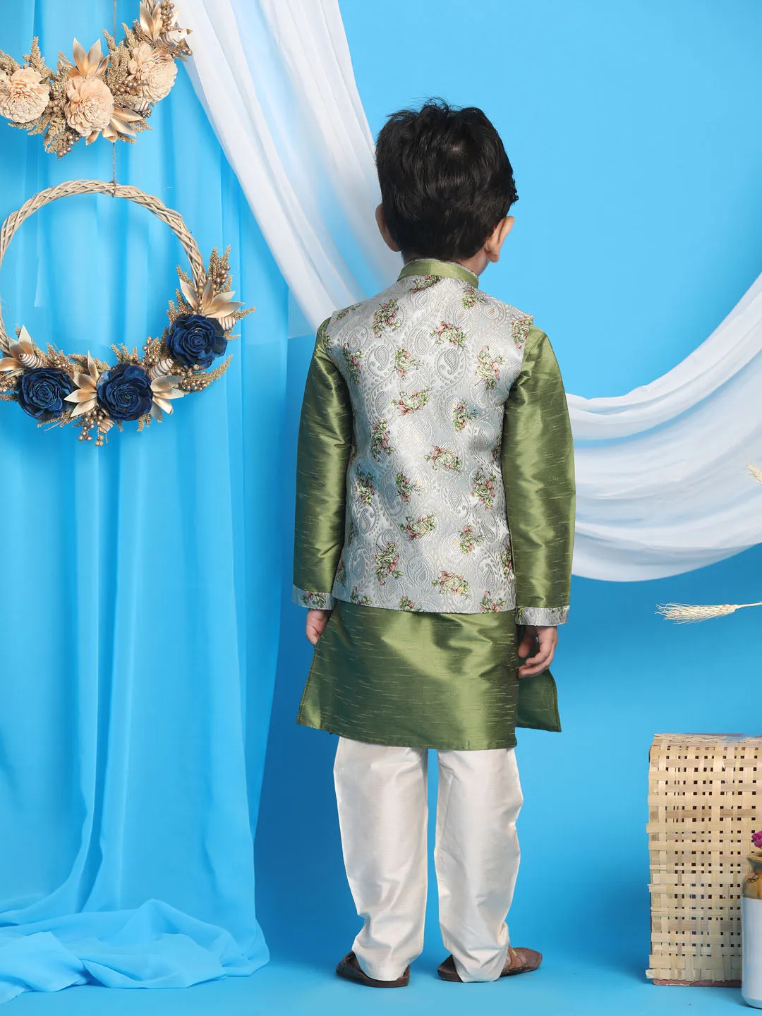 Jashvi Boy's Green Floral Jacquard Jacket With Silk Kurta and Pyjama Set