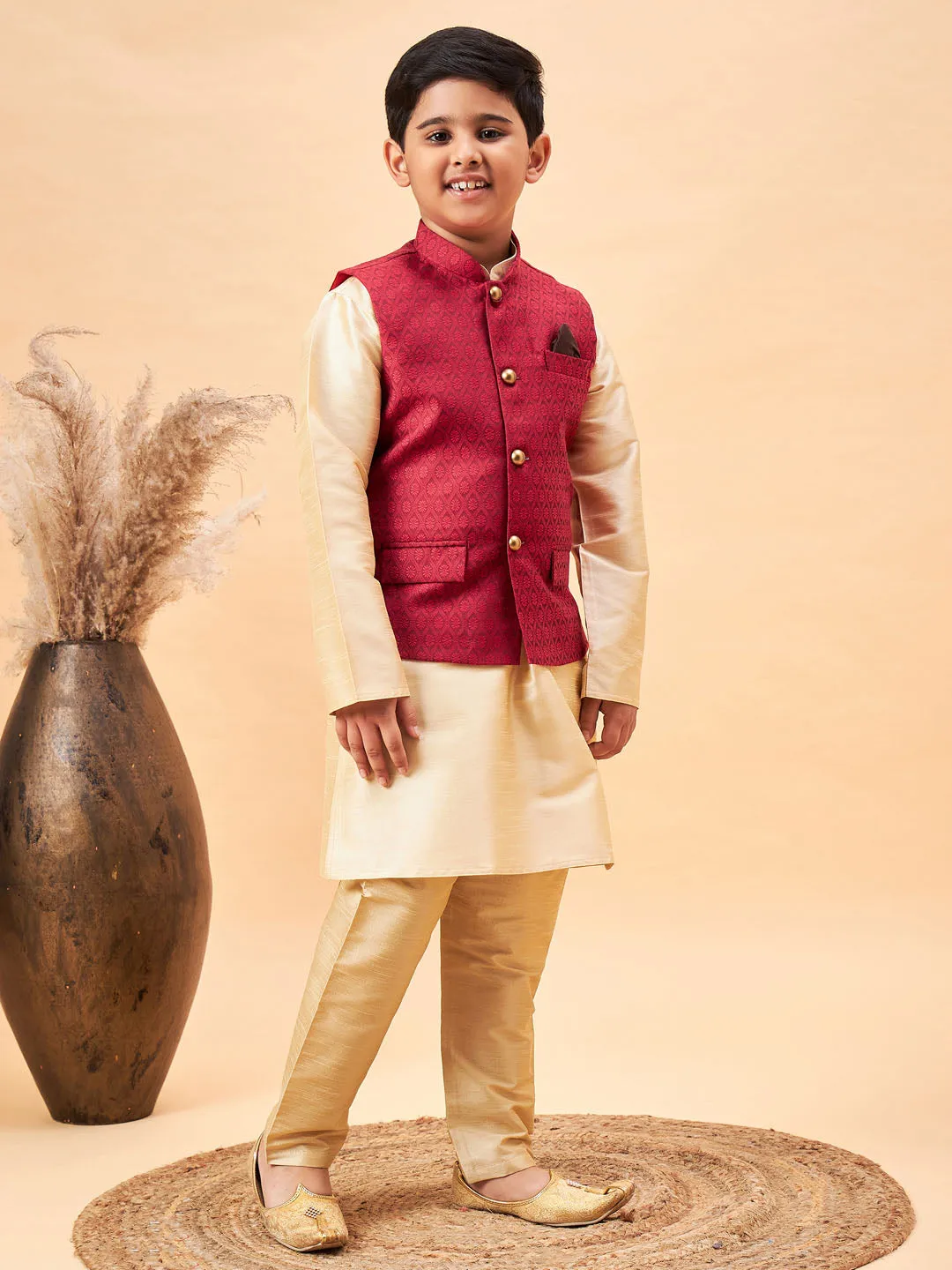 Jashvi Boy's Maroon Woven Jacket With Gold Kurta and Pyjama Set