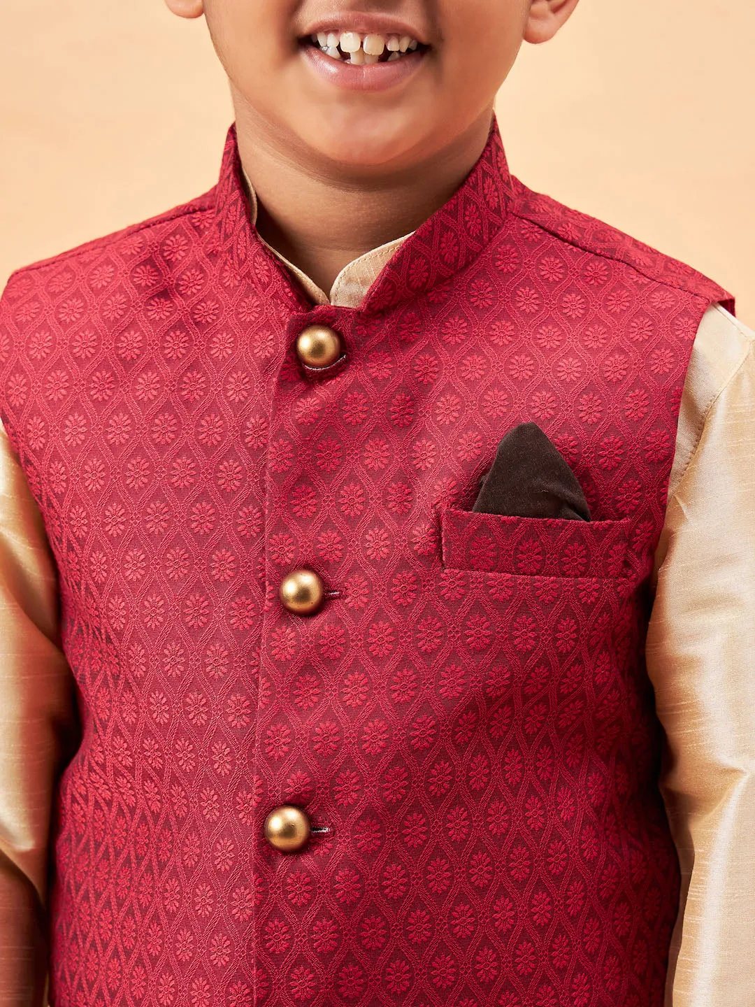 Jashvi Boy's Maroon Woven Jacket With Gold Kurta and Pyjama Set