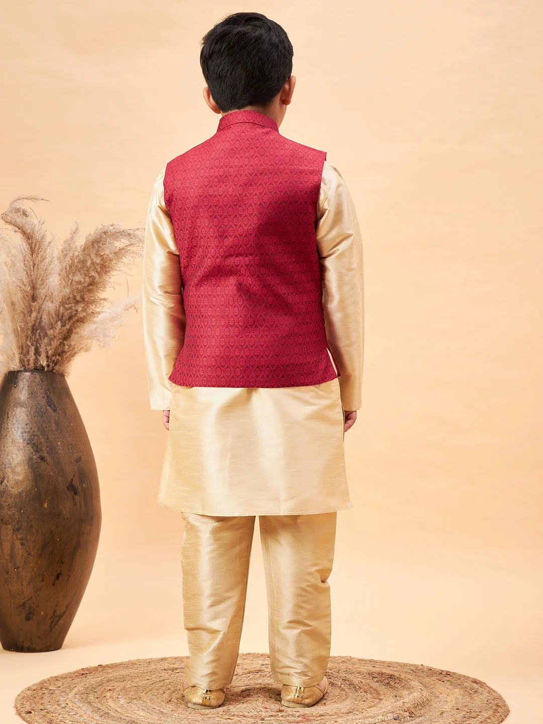 Jashvi Boy's Maroon Woven Jacket With Gold Kurta and Pyjama Set