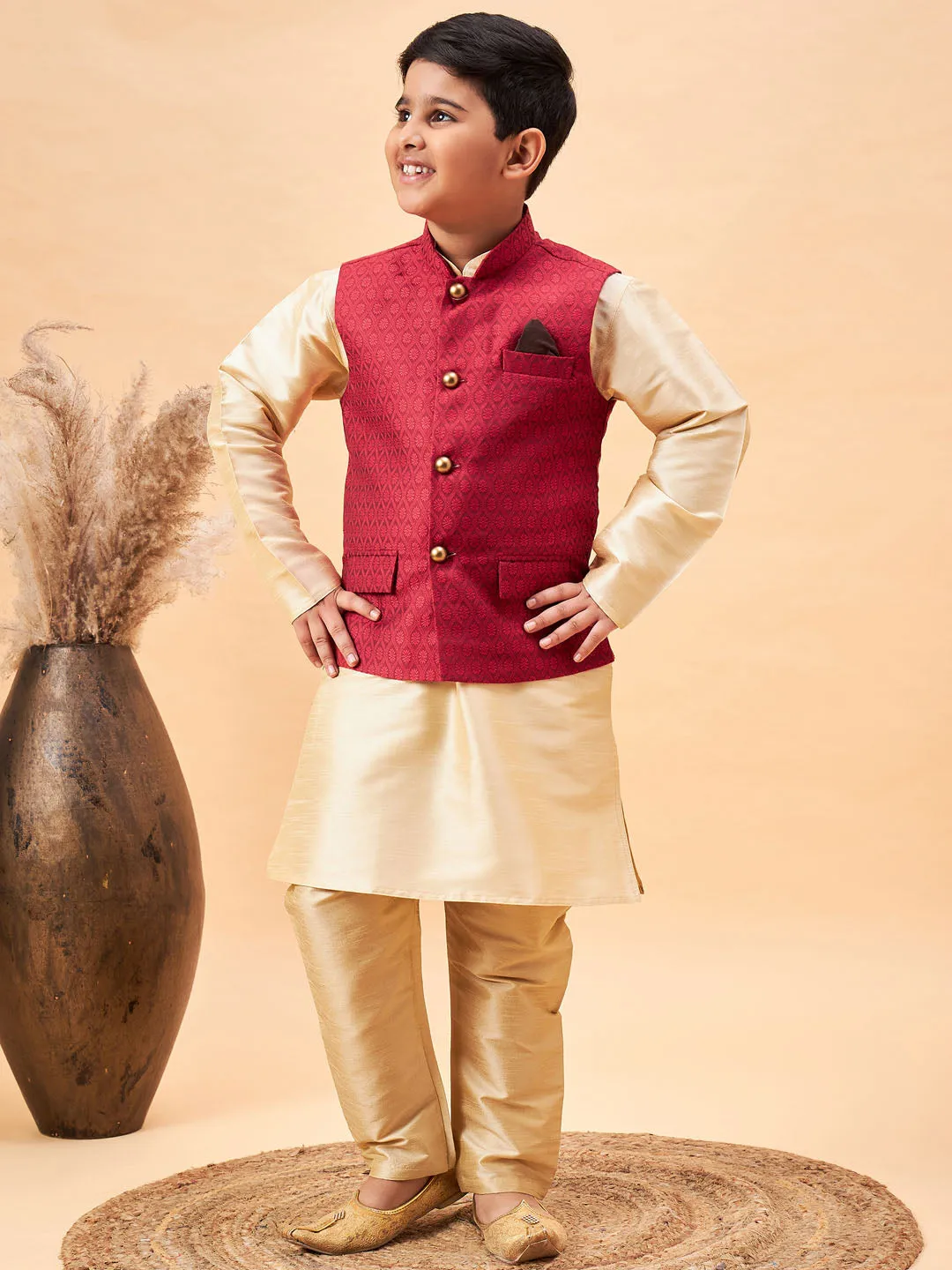 Jashvi Boy's Maroon Woven Jacket With Gold Kurta and Pyjama Set