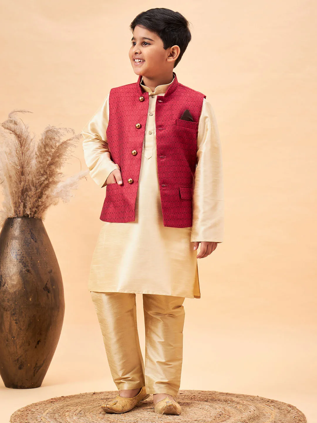 Jashvi Boy's Maroon Woven Jacket With Gold Kurta and Pyjama Set