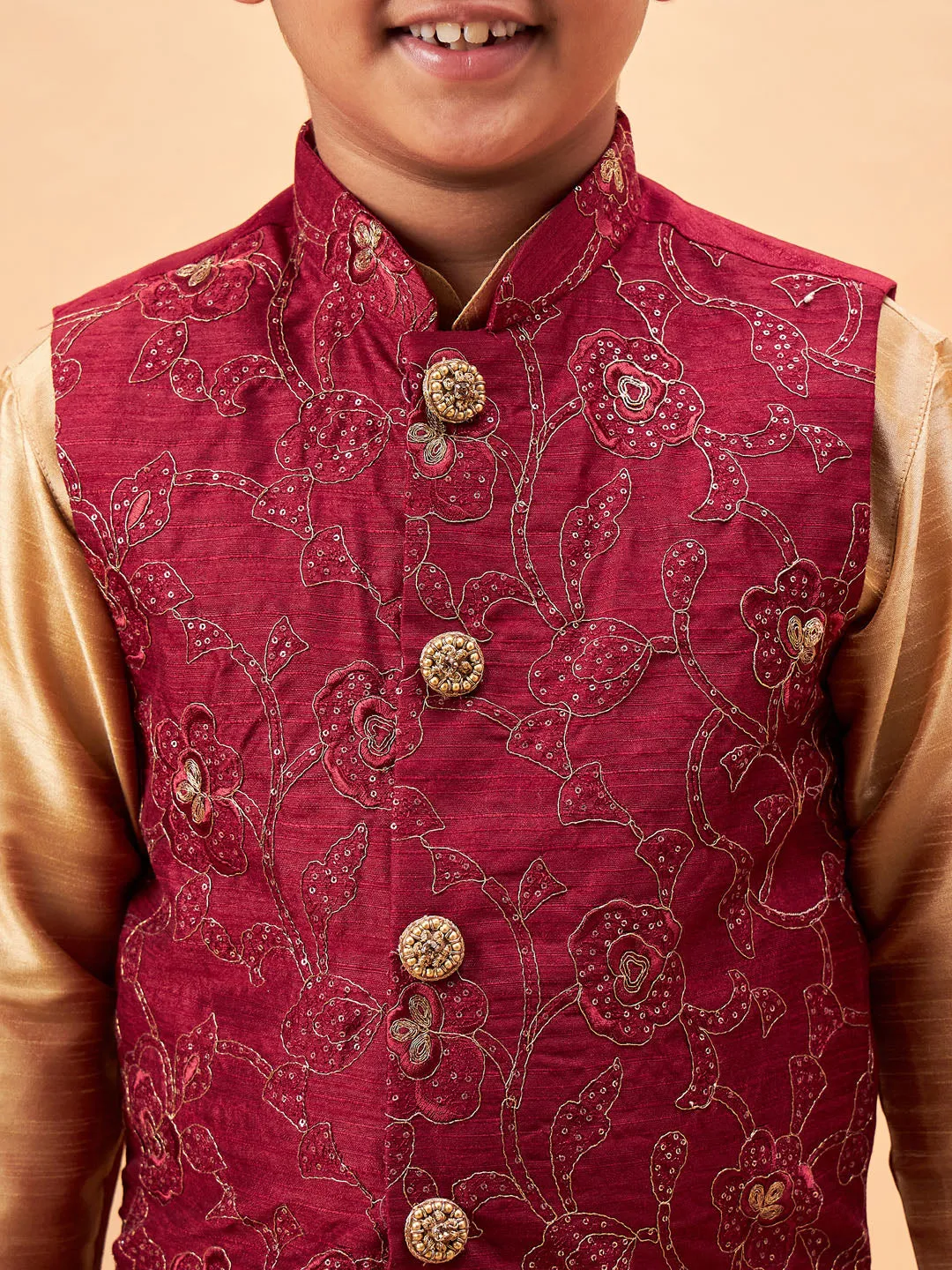 Jashvi Boy's Maroon Woven Jacket With Rose Gold Kurta and Pyjama Set