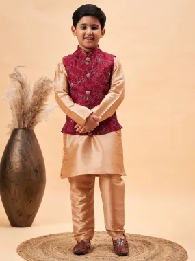 Jashvi Boy's Maroon Woven Jacket With Rose Gold Kurta and Pyjama Set