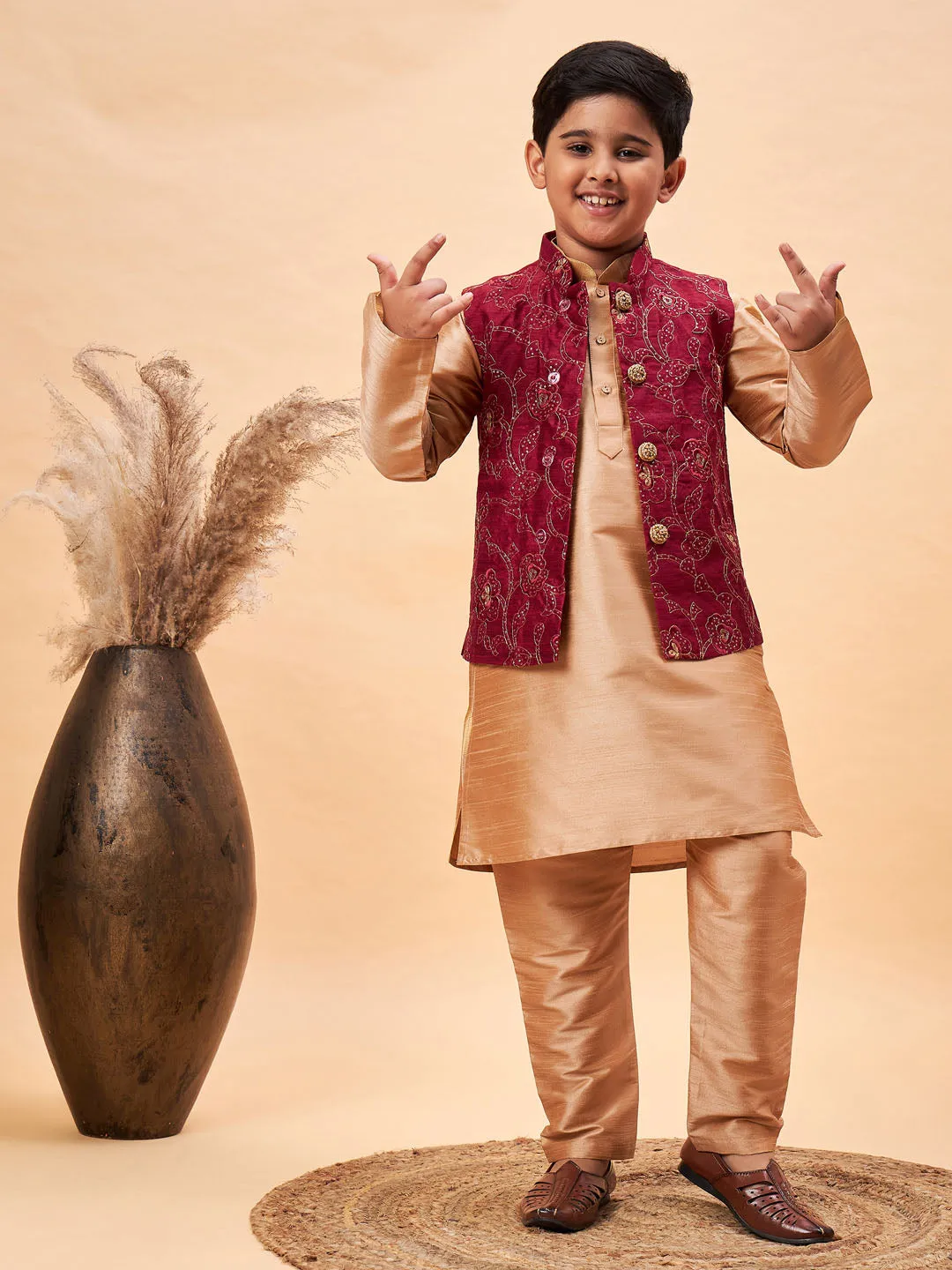 Jashvi Boy's Maroon Woven Jacket With Rose Gold Kurta and Pyjama Set