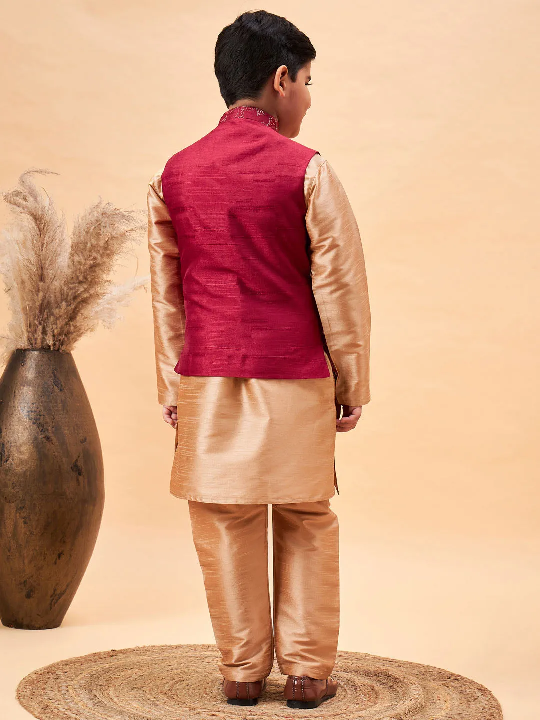 Jashvi Boy's Maroon Woven Jacket With Rose Gold Kurta and Pyjama Set