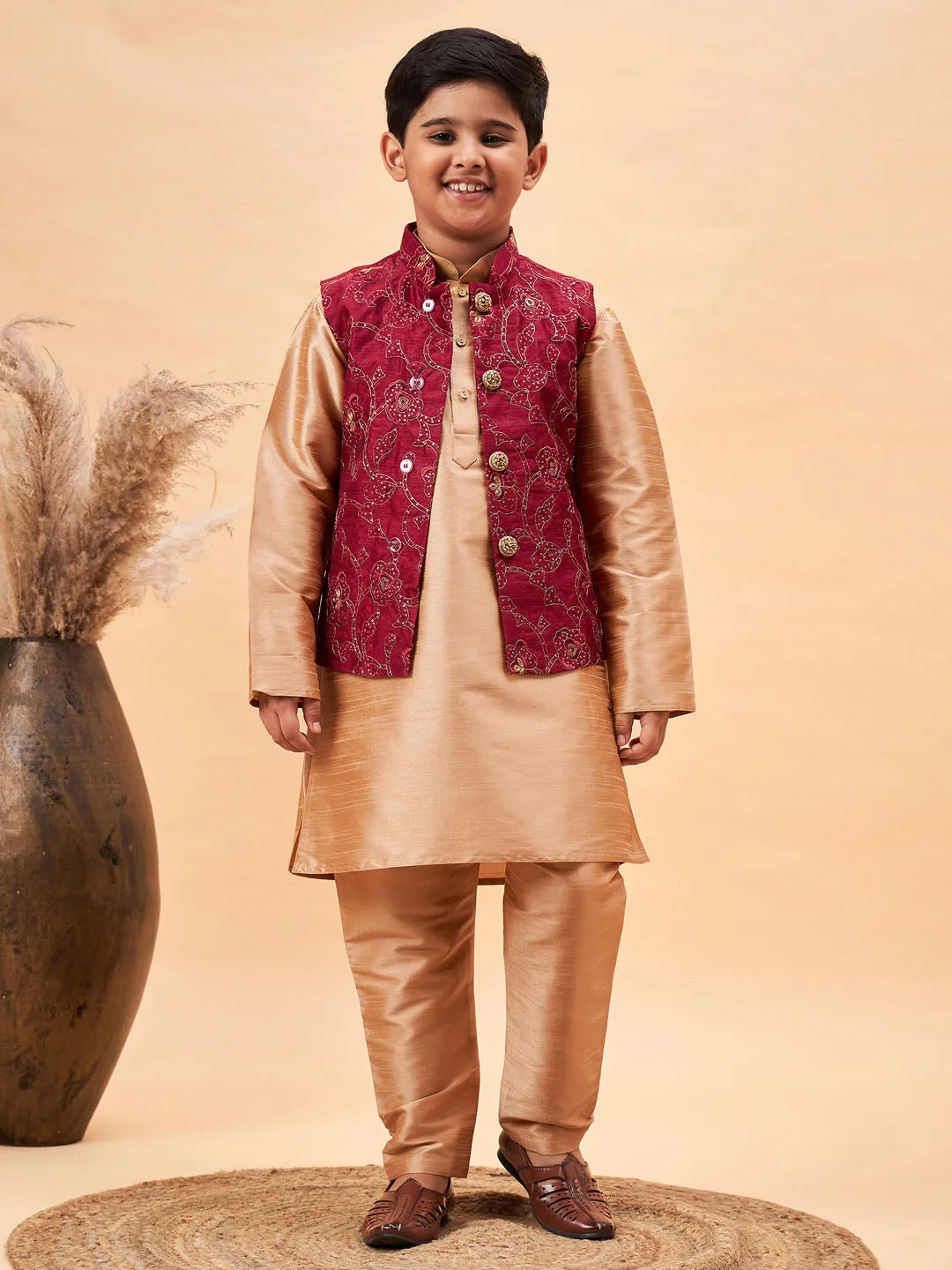 Jashvi Boy's Maroon Woven Jacket With Rose Gold Kurta and Pyjama Set