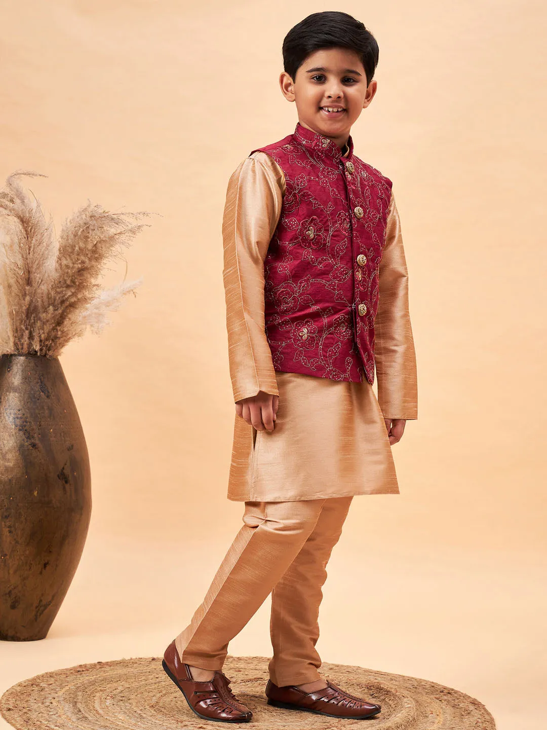 Jashvi Boy's Maroon Woven Jacket With Rose Gold Kurta and Pyjama Set