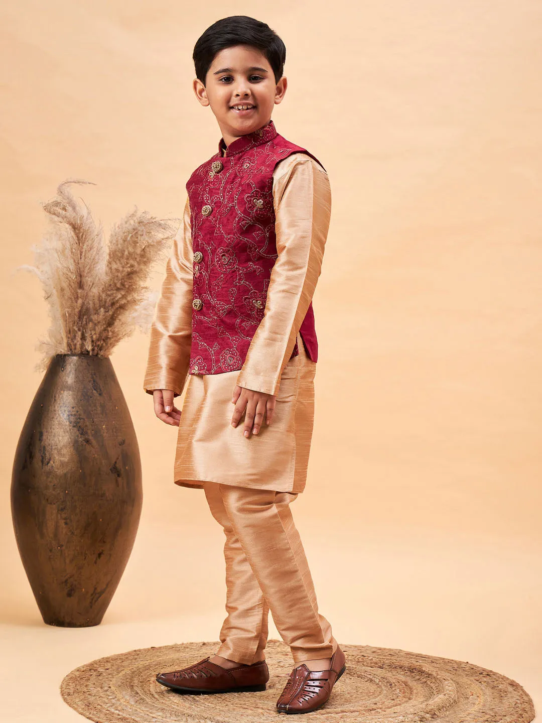 Jashvi Boy's Maroon Woven Jacket With Rose Gold Kurta and Pyjama Set