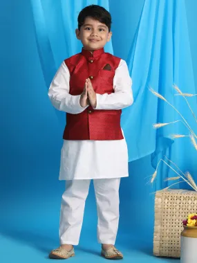 Jashvi Boy's Maroon Woven Jacket With White Kurta and Pyjama Set