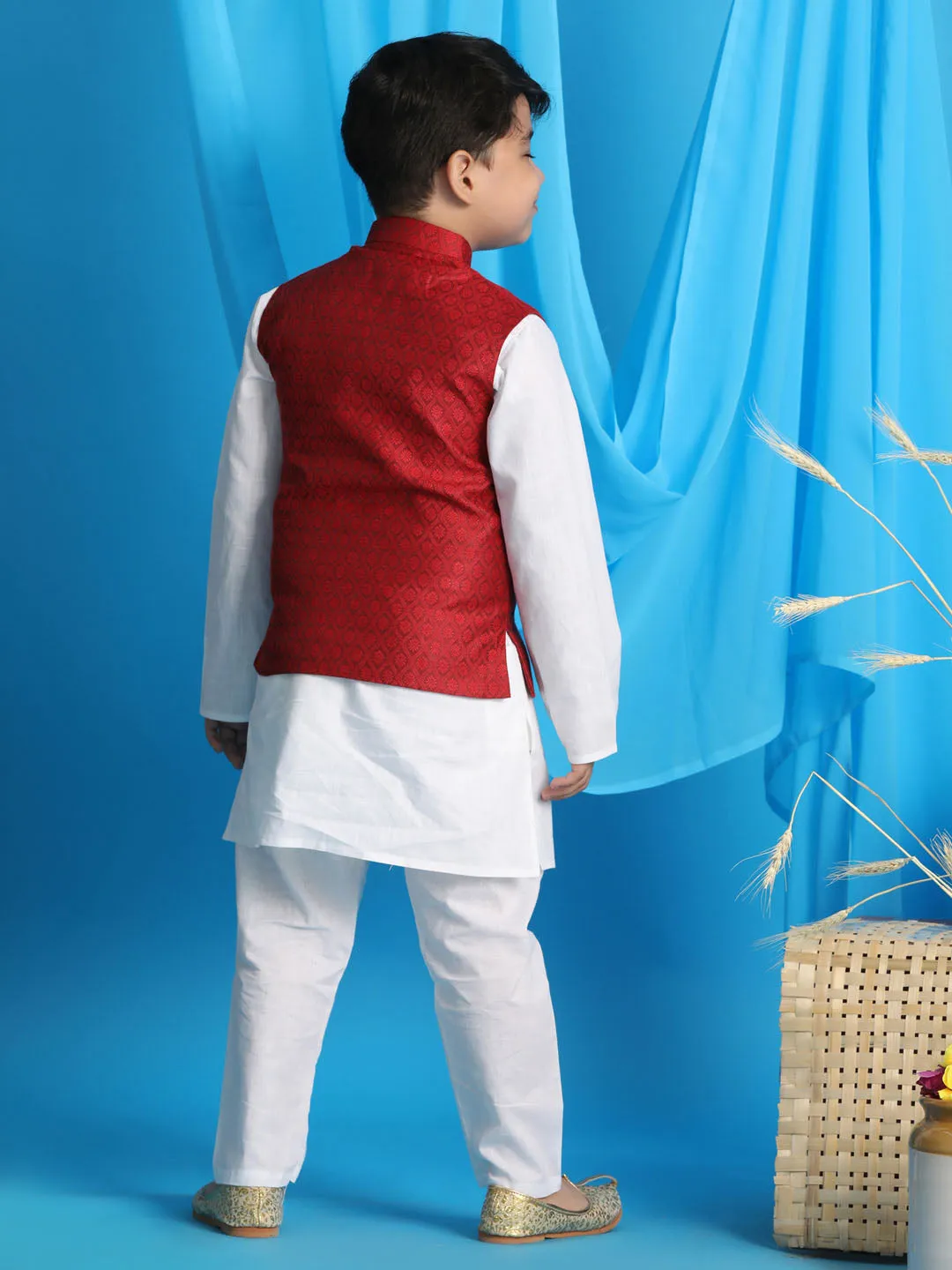 Jashvi Boy's Maroon Woven Jacket With White Kurta and Pyjama Set