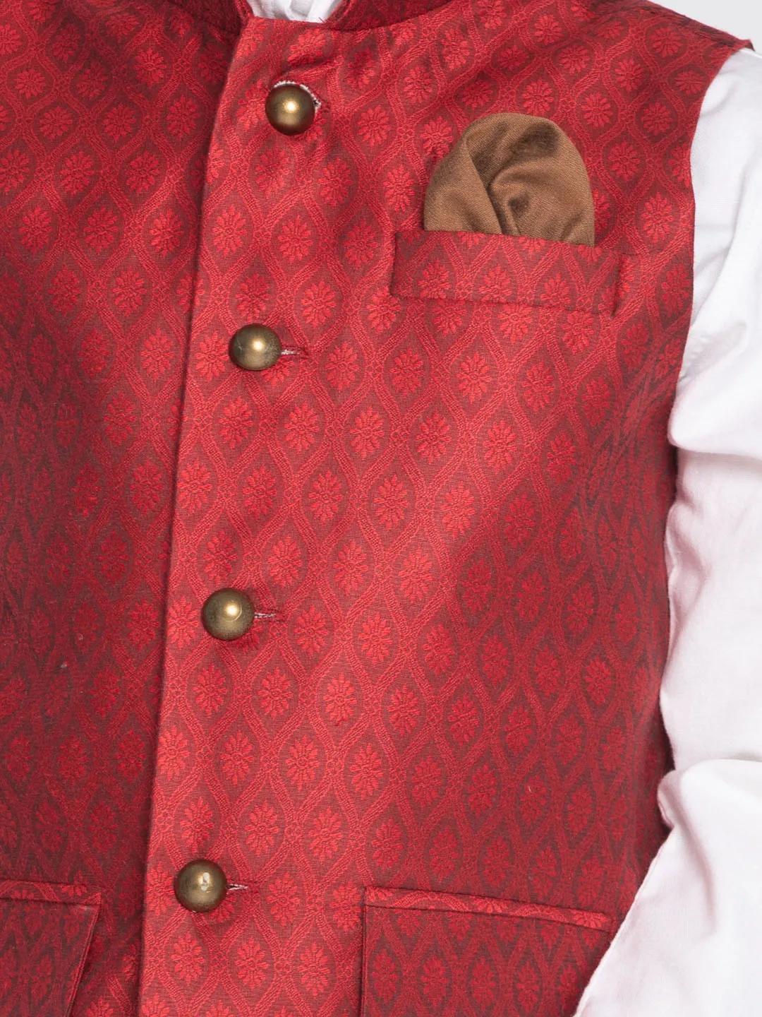 Jashvi Boy's Maroon Woven Jacket With White Kurta and Pyjama Set