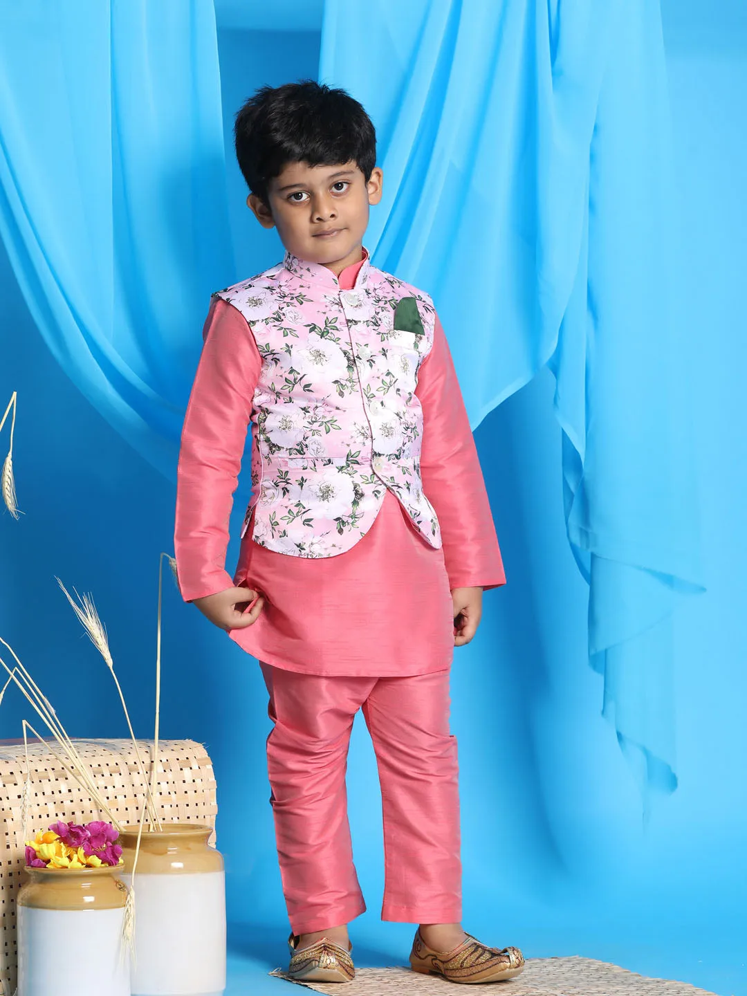 Jashvi Boy's pink Floral Print Jacket With Pink Kurta and Pyjama Set