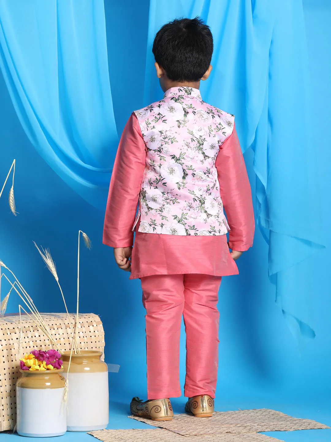 Jashvi Boy's pink Floral Print Jacket With Pink Kurta and Pyjama Set